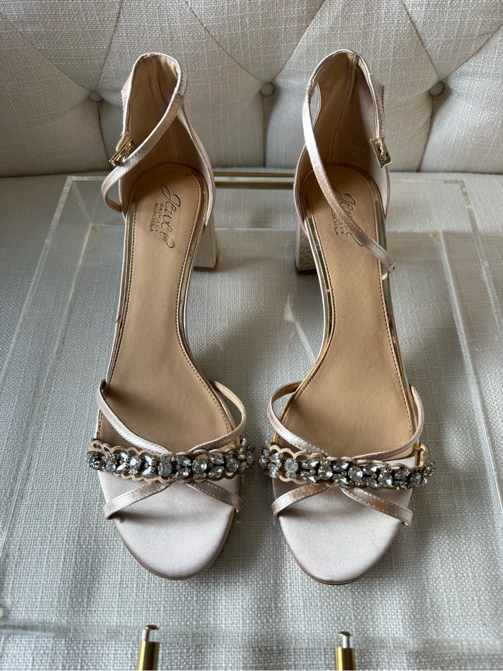 New Jewel by Badgley Mishka Satin Ankle-Strap Heels with Crystal Accent in Blush